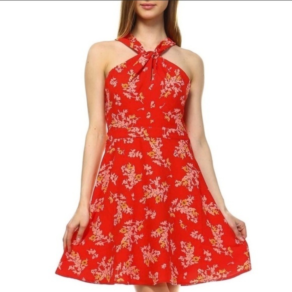 19 Copper Red Floral Twist Halter Dress NWT